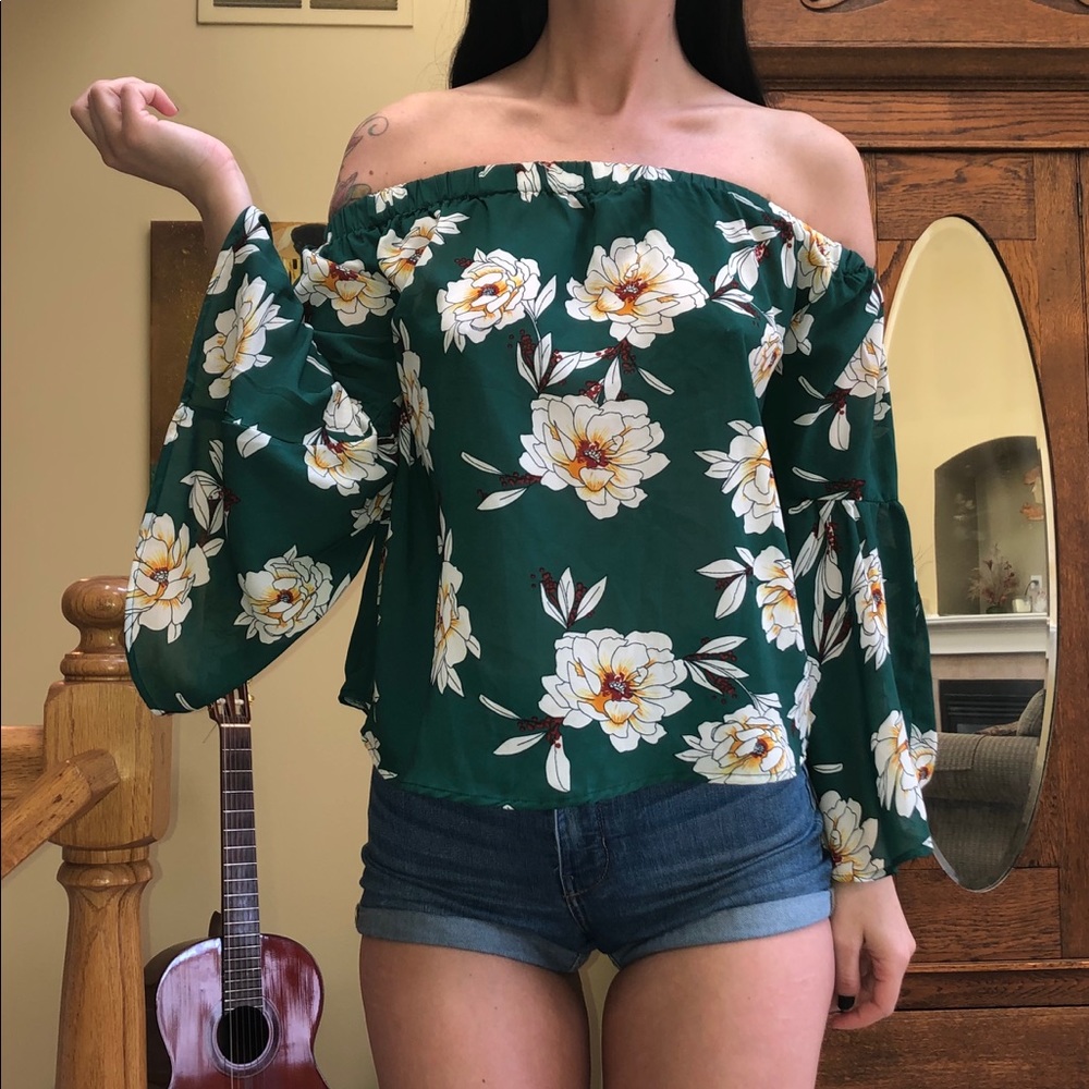 Green Floral Off The Shoulder Top